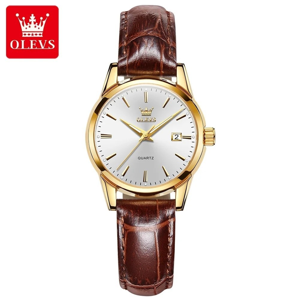 Montre femme quartz élégante OLEVS au cadran épuré et bracelet en cuir noir véritable