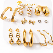 Gold Plated Earrings 9Pair Set for Women Chun...