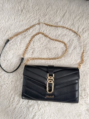Aldo Black Quilted Shoulder Bag Gold Chain Logo Accent Faux Leather Women