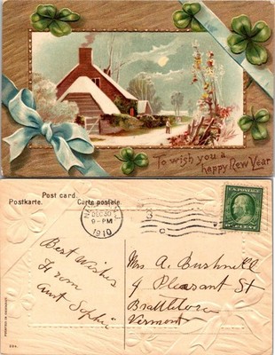Vintage 1910 Postmarked New Year Postcard Embossed Snowy Cottage Clover Ribbon