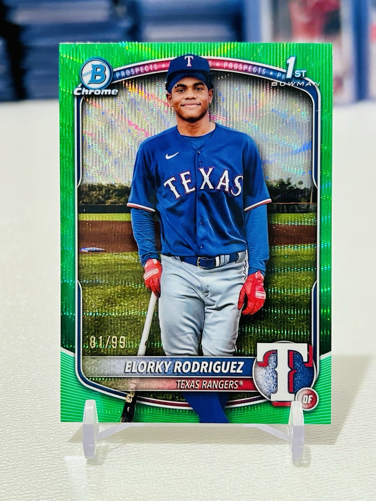 Elorky Rodriguez 2025 Bowman Chrome 1st Green Wave Refractor /99 SP Rangers