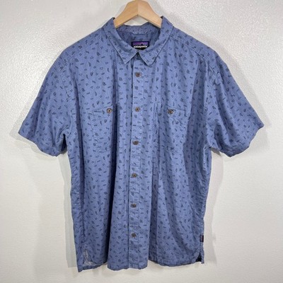 Patagonia Back Step Shirt XXL Blue Hemp Organic Cotton Short Sleeve Button Down