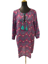 J. Crew Printed Beach Tunic Cover-Up Dress Sz L Bright Amethyst Multi, Tassels