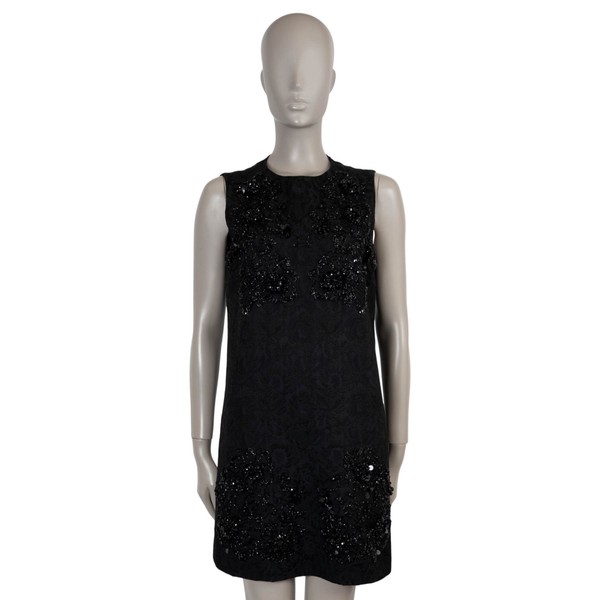 73639 authentisches DOLCE & GABBANA Kleid schwarz Baumwolle PERLEN BLUMEN BROKAT 42 M
