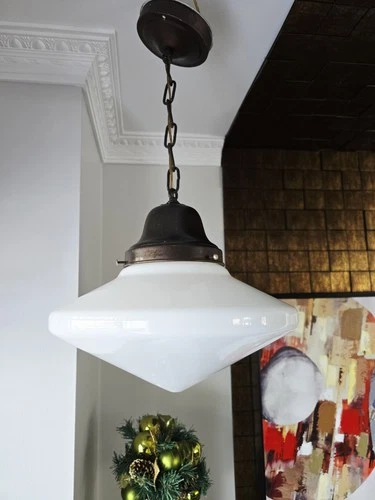 Vintage Antique Art Deco Milk Glass Schoolhouse Light Fixture Flying Saucer Old