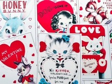 Set of 9 Retro Vintage Valentine's Day Animals 1950's STICKERS - Just Cut  Use 