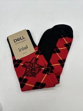 NWT Dell Technology Intel Novelty Logo Adult Red &Black Plaid Socks By Sock Club