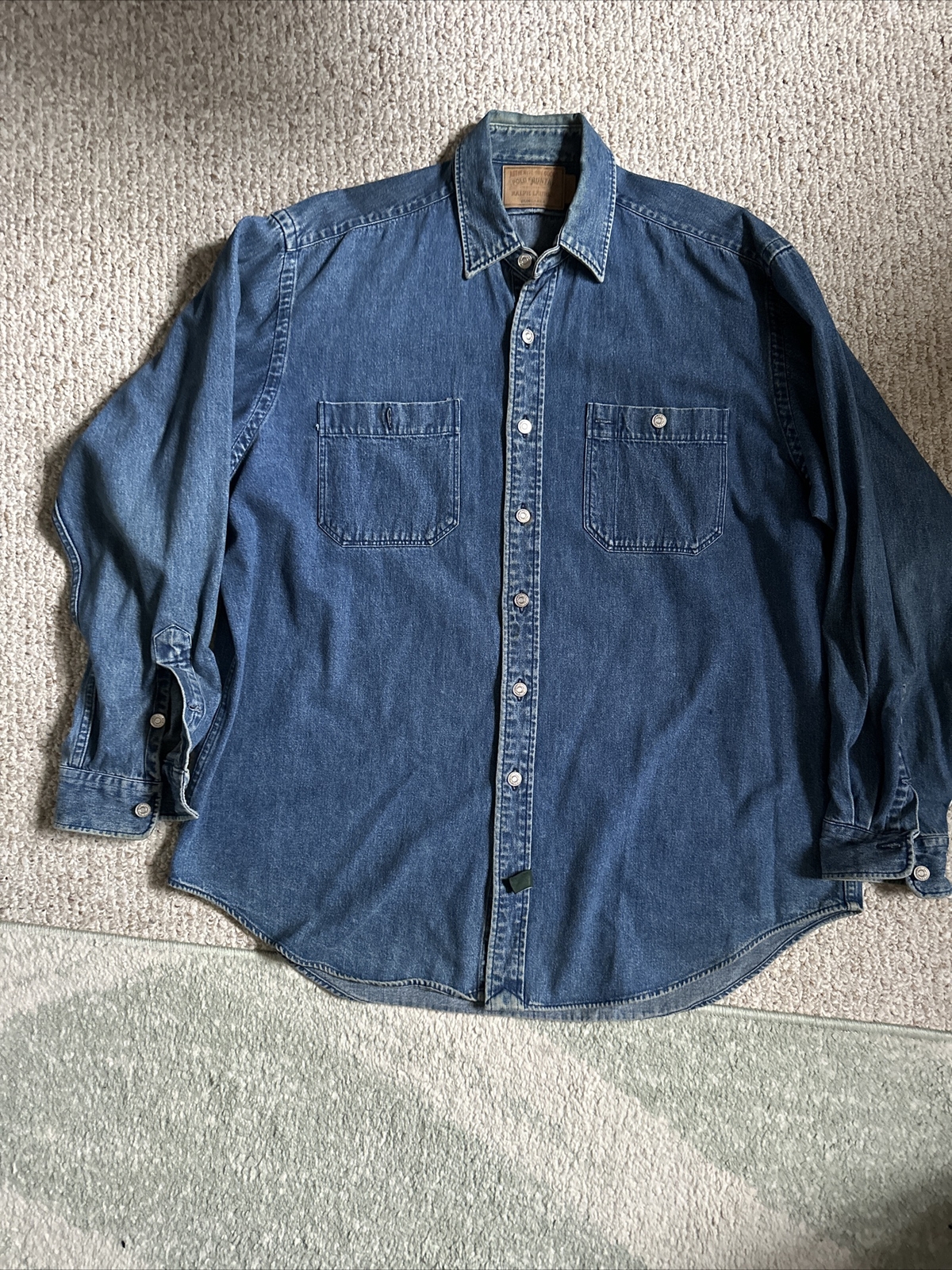1992 Polo Ralph Lauren Sit Down Bear Denim Shirt Men XL Rare Stadium Snow Beach image 2