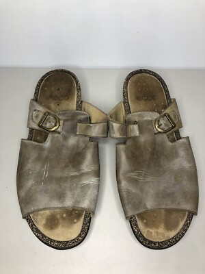Ecco Taupe Leather Casual Open Slides Cork Wedge Sandals Women s Sz 40EU/9.5M US