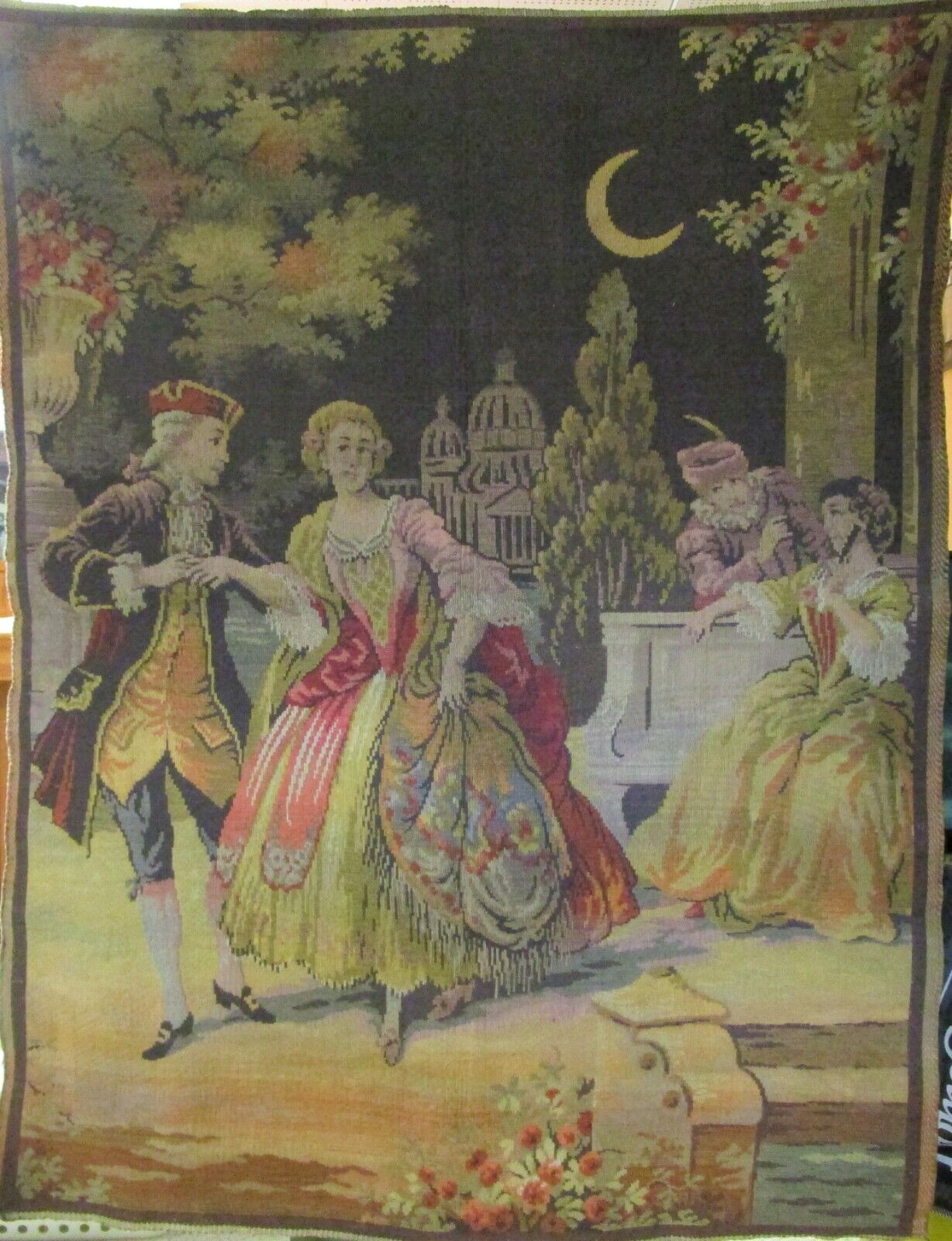 Antique Belgian Large Tapestry Venice Canal by Moonlight Courting Couples