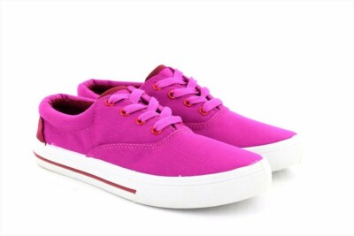  Unisex Flache Schnürschuhe Canvas Plimsolls Himbeere/Weiß