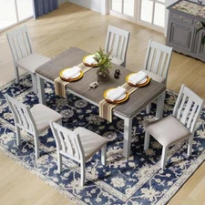 Retro Style 7-Piece Dining Table Set and 6 Upholstered Chairs Brown and White