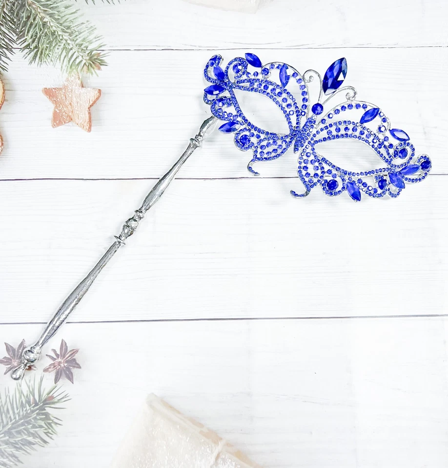Masquerade Mask with Stick, Wedding Party Silver Mask, Prom Blue Crystal Mask - Image 2 of 4