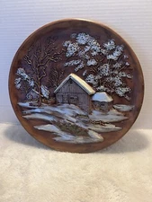 Vintage Byron Molds 1972 3D Ceramic Wall Plate Winter Scene 13"