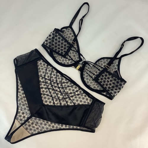 Victoria’s Secret Luxe Lingerie Black Patterned Bra Panties Set Size 32DD M BNWT - Picture 2 of 6