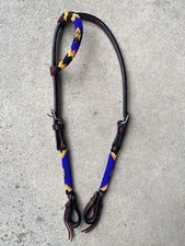 Blue w/black. orange, yellow beaded  leather one ear Western headstall