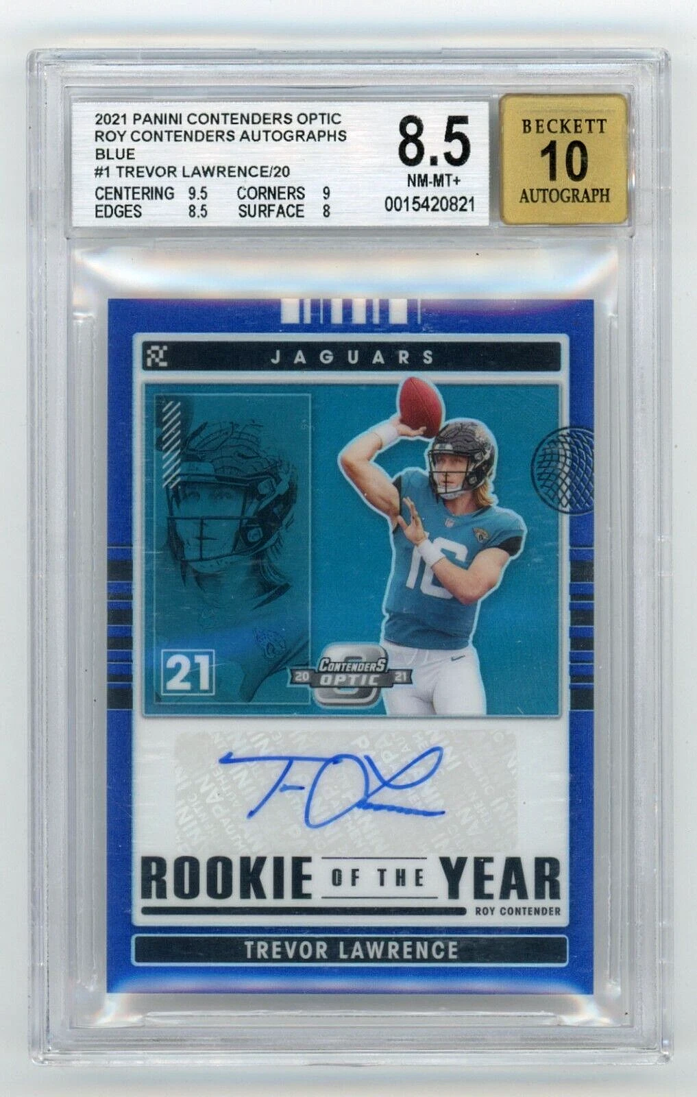 Trevor Lawrence Panini Contenders Optic Rookie of the Year Contenders Autographs #RYCTLA Blue