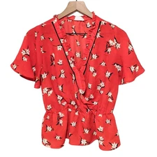 Sienna Sky Top Womens M Red Floral Peplum Blouse Wrap Bloomcore Cottagecore Boho
