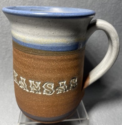 SIGNED STEVE ASHLEY Studio 1987  Kansas Pottery WHEAT Stoneware Mug Brown & Blue