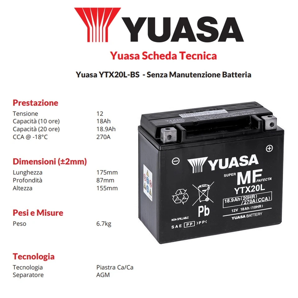 Batería sellada YTX20L-BS YUASA para HONDA GL Gold Wing 1800 2012-2017 Foto 2 de 3