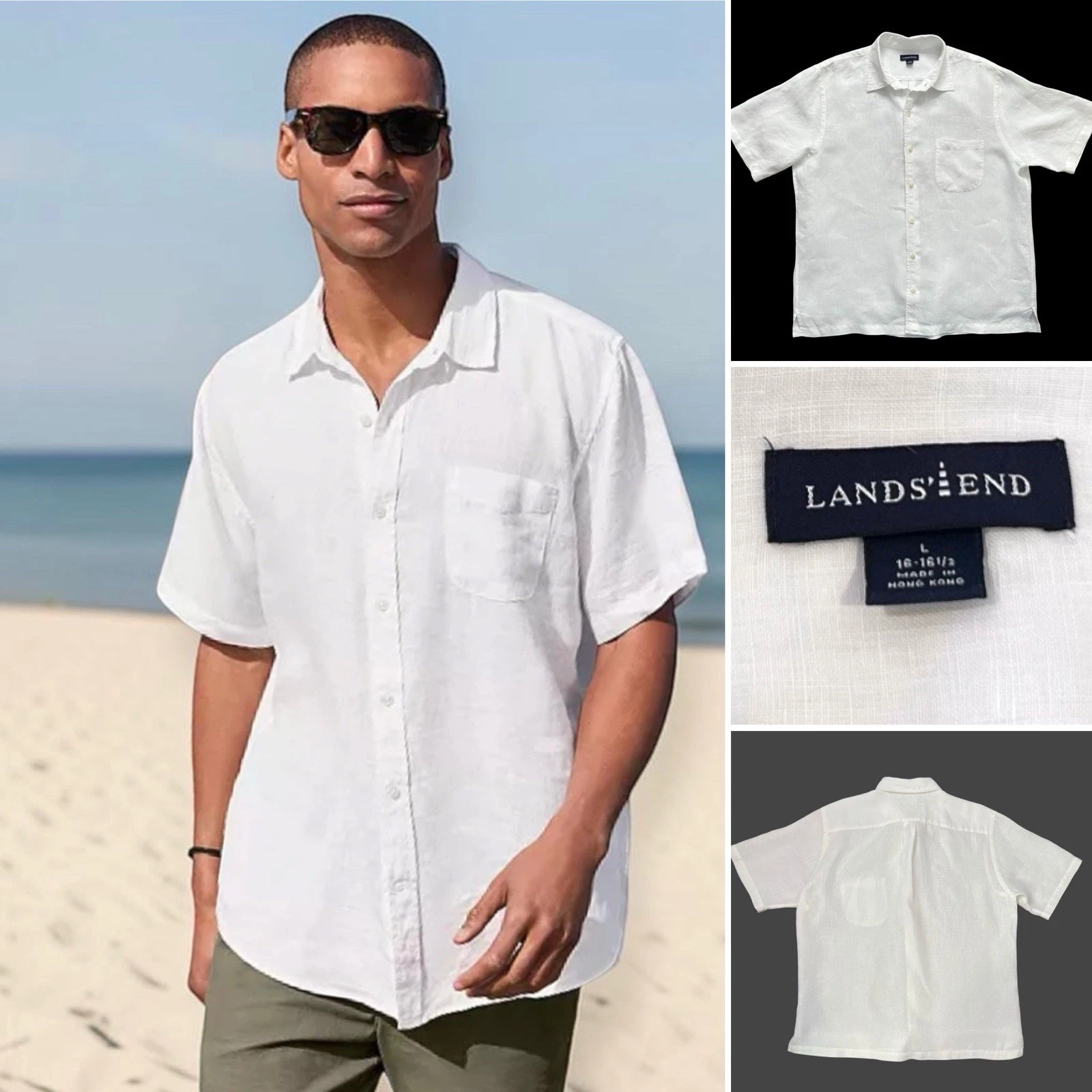 Lands End Mens L White Shirt 100% Linen Short Sleeve Button Up Beach Cruise