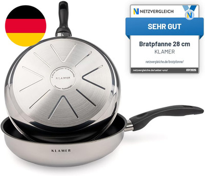 KLAMER Bratpfanne (28 + 28Cm) Induktion   Profi Edelstahlpfanne Mit Greblon  C3+