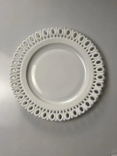 Milk Glass Reticulated Plate Oval & Line Pattern Vintage Collectible  MCM Vtg