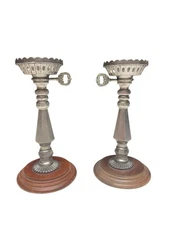 Vintage Pewter Chamberstick Candlesticks Wood Base Pair Key Handle