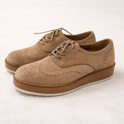 Womens Tan Faux Suede Wingtip Brogue Platform Wedge Oxford  display picture 2