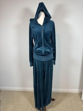 Juicy Couture Vintage Tracksuit Set Women Medium Blue Velour Hoodie Made USA Y2K