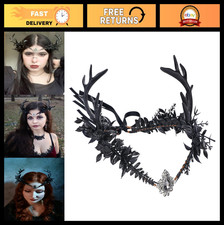 Gothic Black Flower Antler Crown Headband - Dark Elf Deer Horns for Cosplay, Wed
