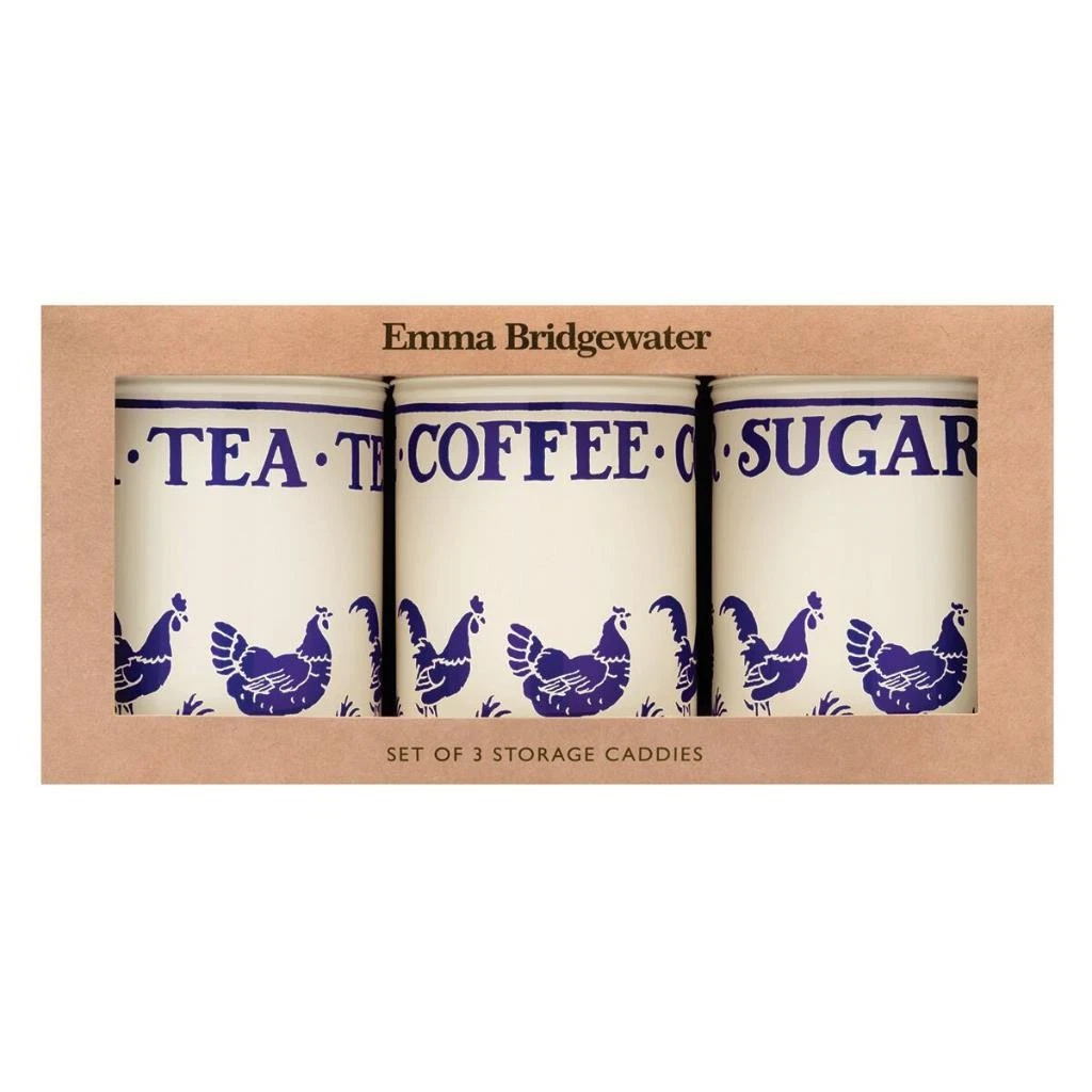 Tea Coffee Sugar Cannisters Emma Bridgewater Blue Hens Round Cadies