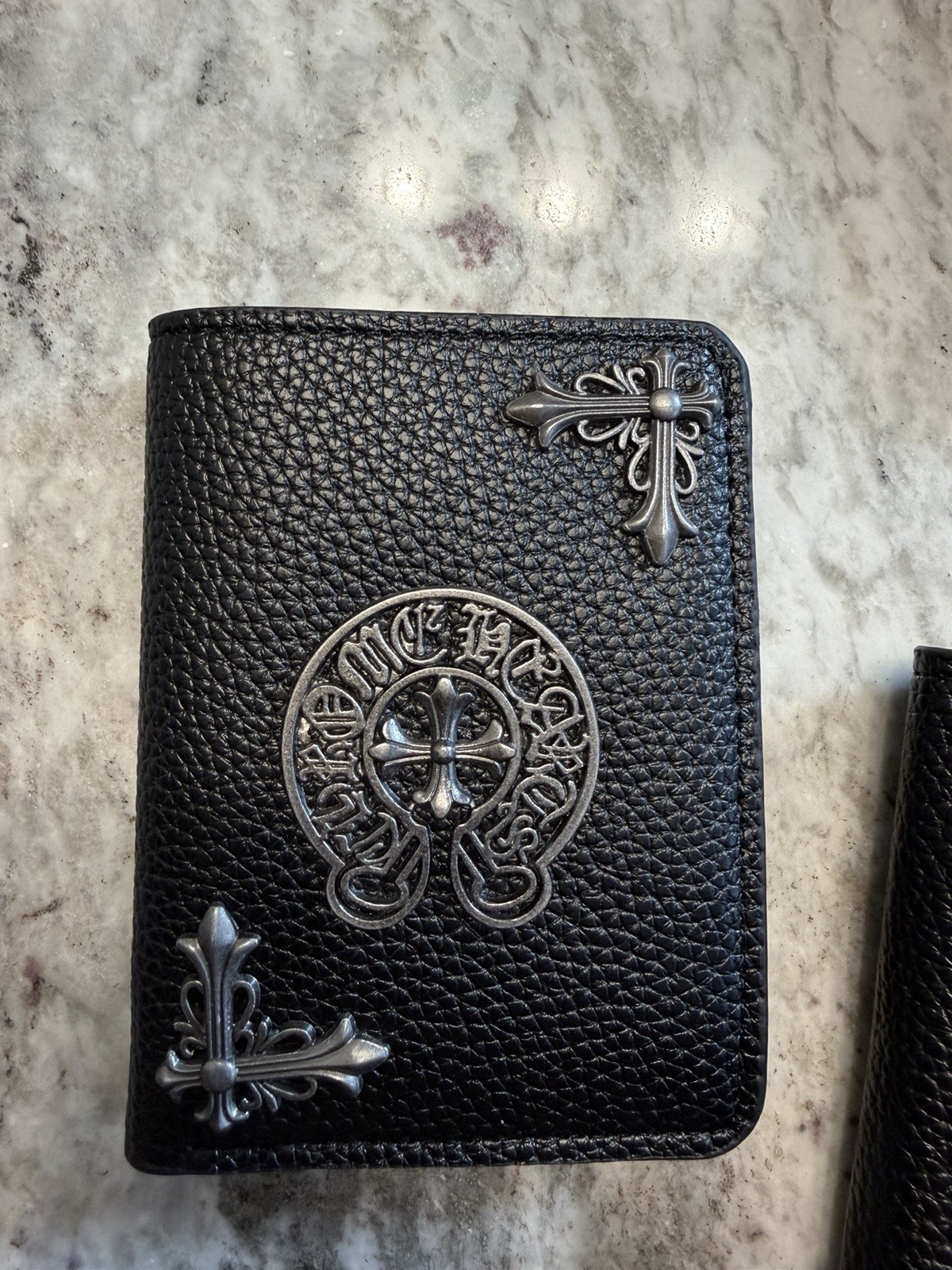 Chrome Hearts Black Men's Bifold Wallet Metal Cross Accents Logo Biker Theme