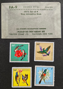 Rwanda, 1972, Set of 4 stamps, Birds, includes glassine envelope STLC