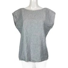 Linenbee Shirt Womens L Blue White Linen Breathable Short Sleeve Boxy Minimalist