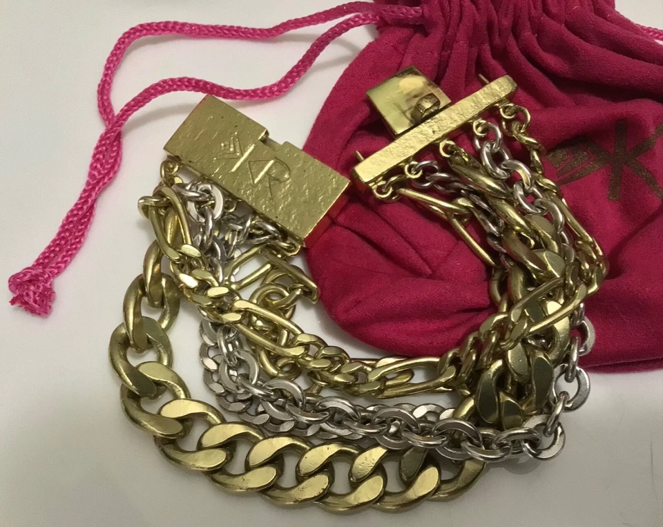 "Brazalete deslizante SILPADA K&R de latón y plata cadenas de eslabones anchos y gruesos 8"" usado en excelente estado" Foto 3 de 4