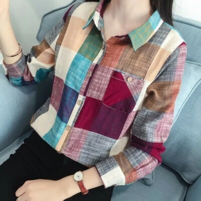 Damen Kariert Hemd Bluse Preppy Style Langärmelig Slim Top Baumwolle Leinen - Bild 1 von 4