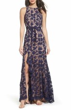 NORDSTROM $300 JARLO Petal Lace Gown EVENING NAVY BLOOMING PETALS SLIT ROMANTIC