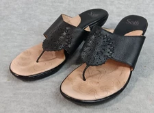 Sofft Thong Slide Sandals Toe Post Black Leather 1 1/2" Heel Womens Size 9 1/2 M