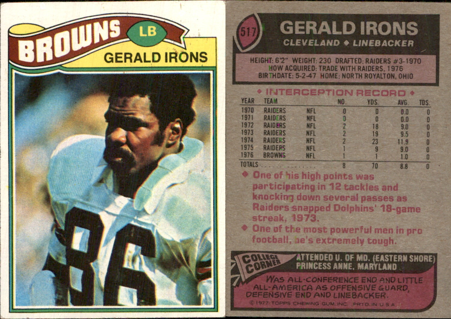 Gerald Irons 1977 Topps 517 Card Cleveland Browns FREE SHIP