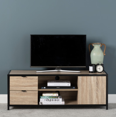TV-Standschrank - helle Eiche Optik mit mattschwarzem Metallrahmen 450 mm H