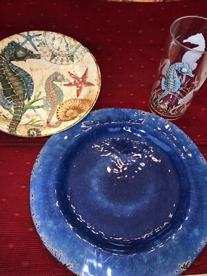 Pier1 Sea Life  Blue Dinner Charger, Seahorse Salad, Acrylic Tumbler  *NEW* 3pc