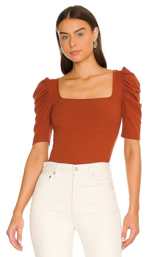 Free People Puff Shoulder Ginger Red Square Neck Top Women's Size