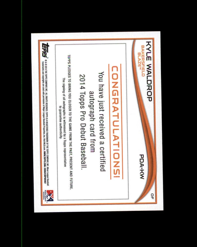 2014 Topps Pro Debut Autographs #PDAKW Kyle Waldrop (ref 164064) - Image 2 of 2