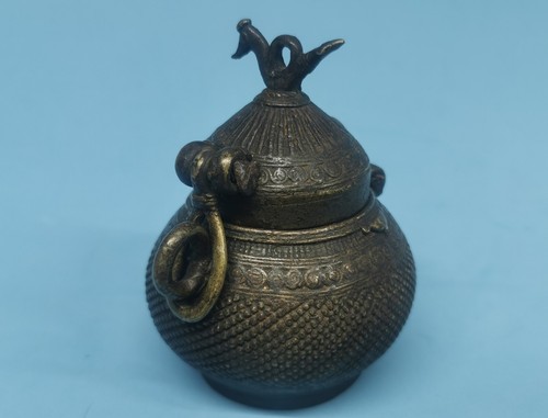 Beautiful Antique Handmade Carved Dhokra Lidded Brass Bowl India Tribal - Picture 12 of 13