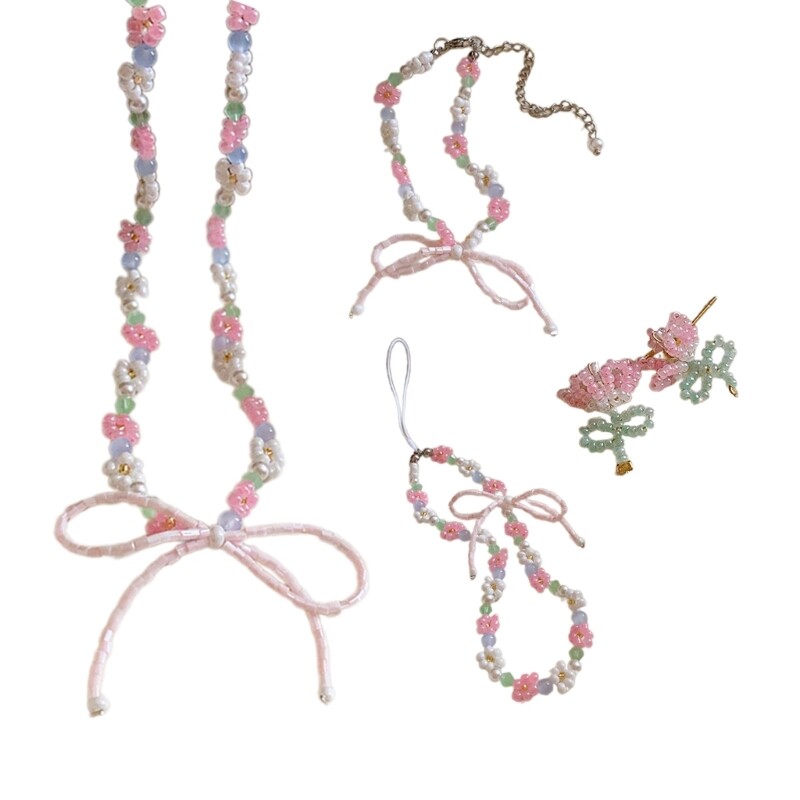 Elegant Bowknot Pendant Necklace with Phone Chain and Matching Ear Studs