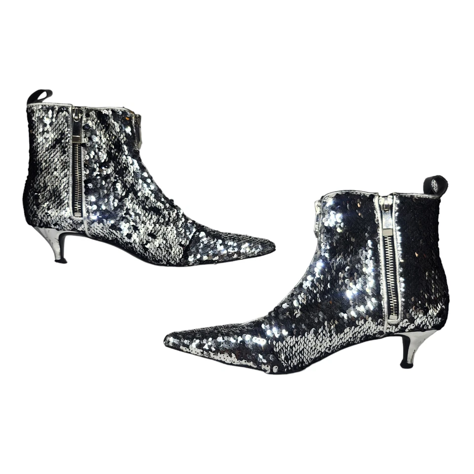 Zapatos Zara Mujer 36 6 Plateados Metálicos Lentejuelas Gatito Tacones Botines Punta Punta Foto 2 de 4