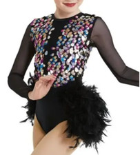 WEISSMAN Luck Be Lady 11813 Black Sequin Leotard FEATHER SKIRT Dance SA S ADULT