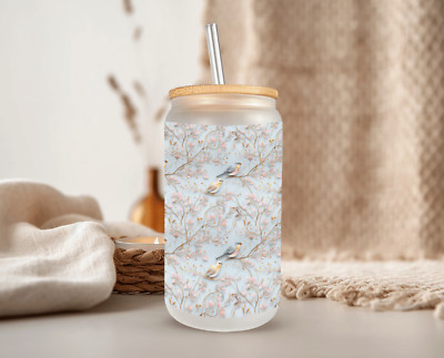 Delicate Garden & Birds Frosted Glass Can W Bamboo Lid 16 Oz Glass Cup by Mugzan