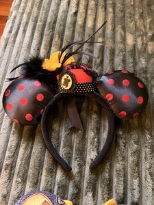Mouse Ears Headband Halloween Black Fabric with Red Polka Dot Bow & Feather